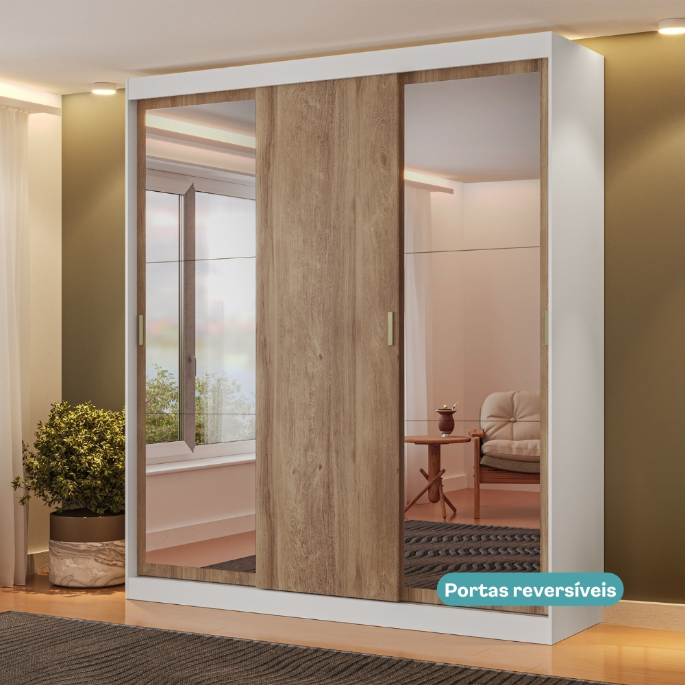 Guarda Roupa Casal 3 Portas 4 Gav Espelho Branco Carraro