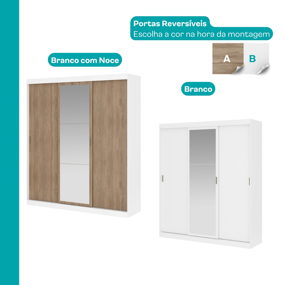 Guarda Roupa Casal 3 Portas de Correr com Espelho Branco Carraro