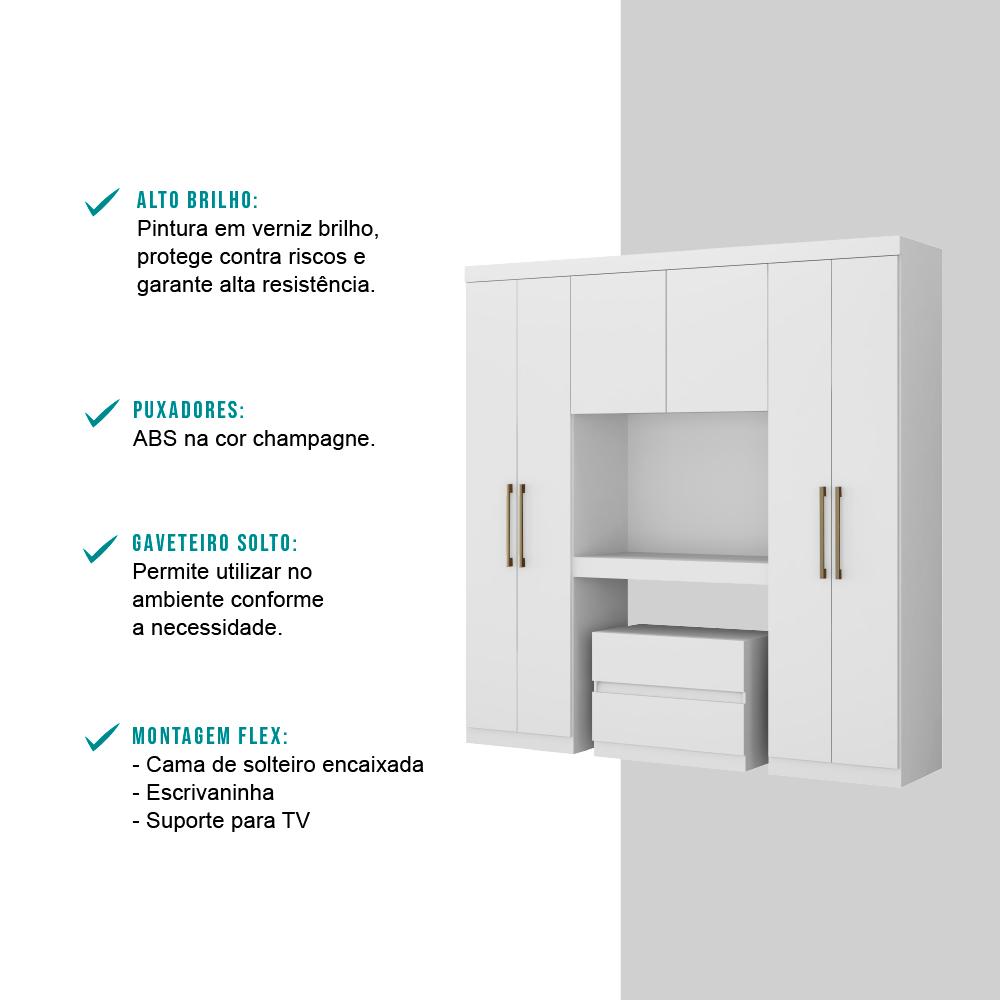 Guarda Roupa Casal 6 Portas 2 Gavetas Porto Branco com Escrivaninha Carraro