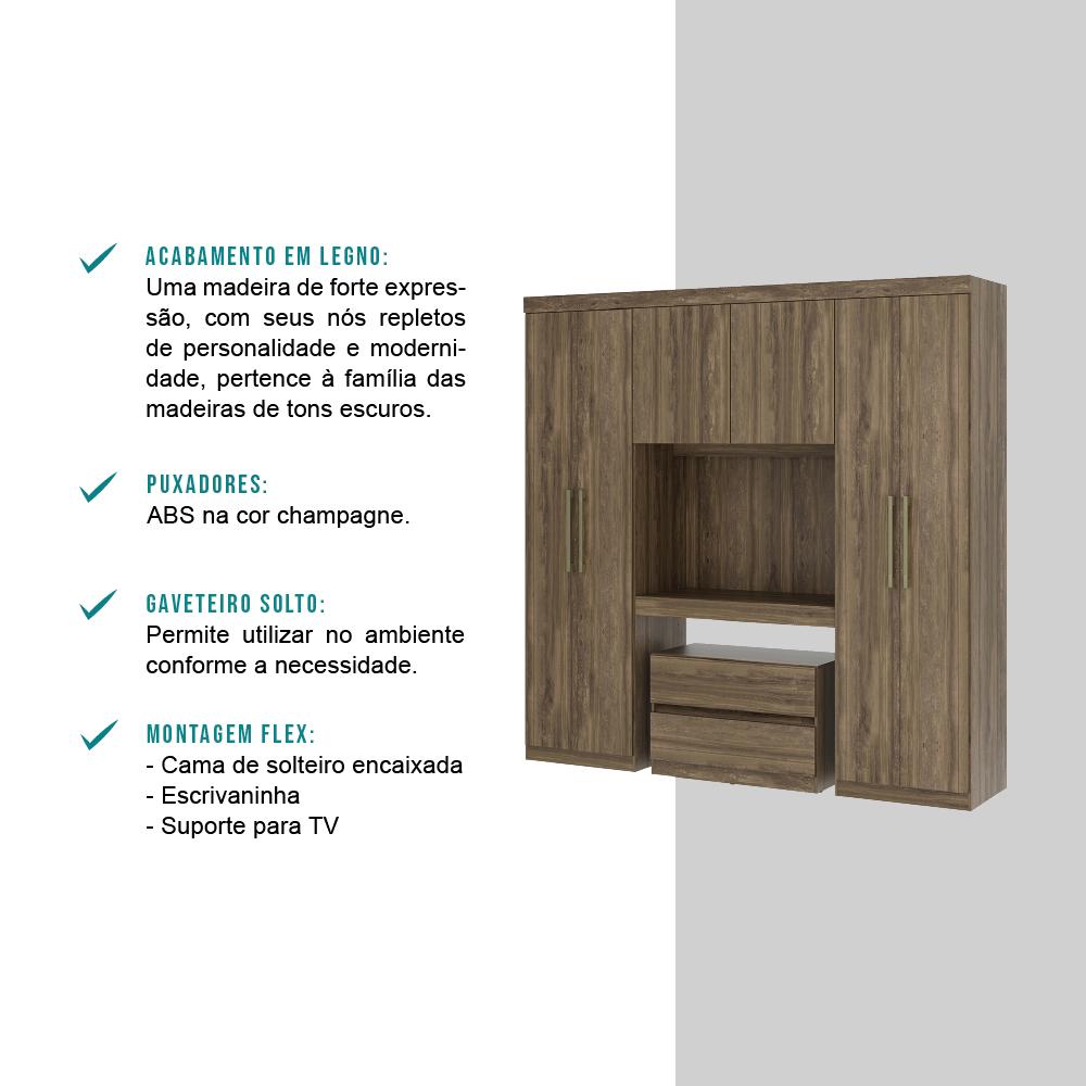 Guarda Roupa Solteiro 6 Portas 2 Gavetas Porto Legno com Escrivaninha Carraro