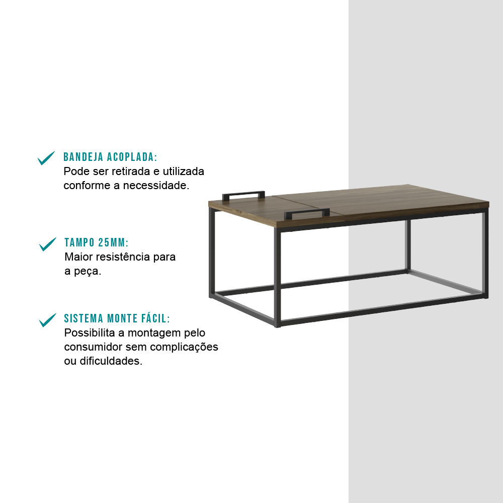 Mesa de Centro com Bandeja Madeirada e Tubos Pretos Carraro
