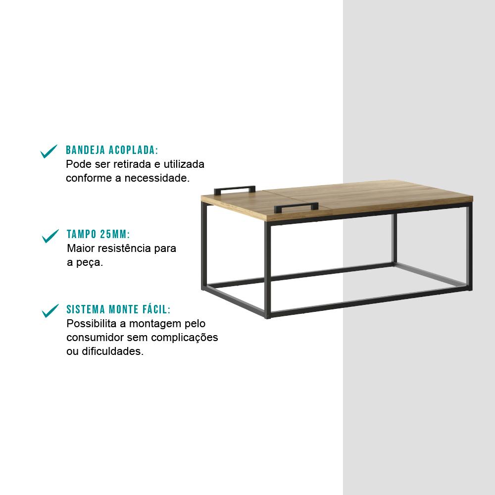 Mesa de Centro com Bandeja Madeirada e Tubos Pretos Carraro