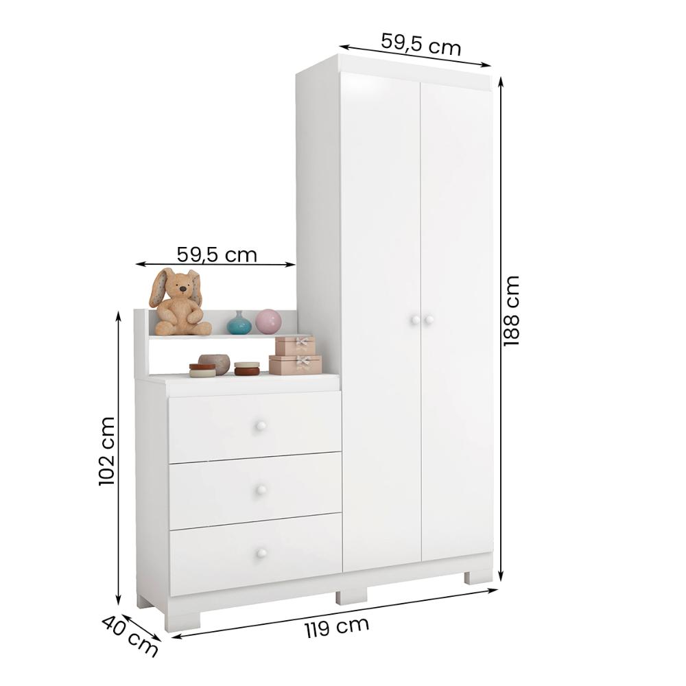 Guarda Roupa com comoda Infantil Vicky 2 Portas e 3 Gavetas Branco