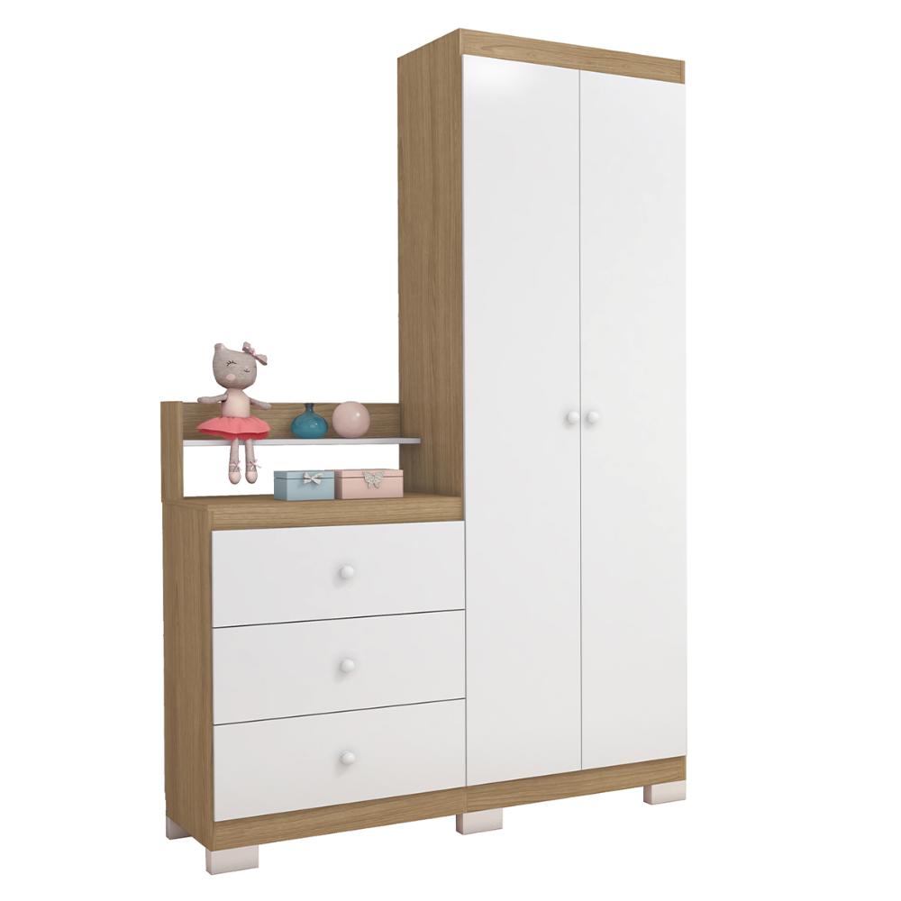 Guarda Roupa com comoda Infantil Vicky 2 Portas e 3 Gavetas Naturale/Branco