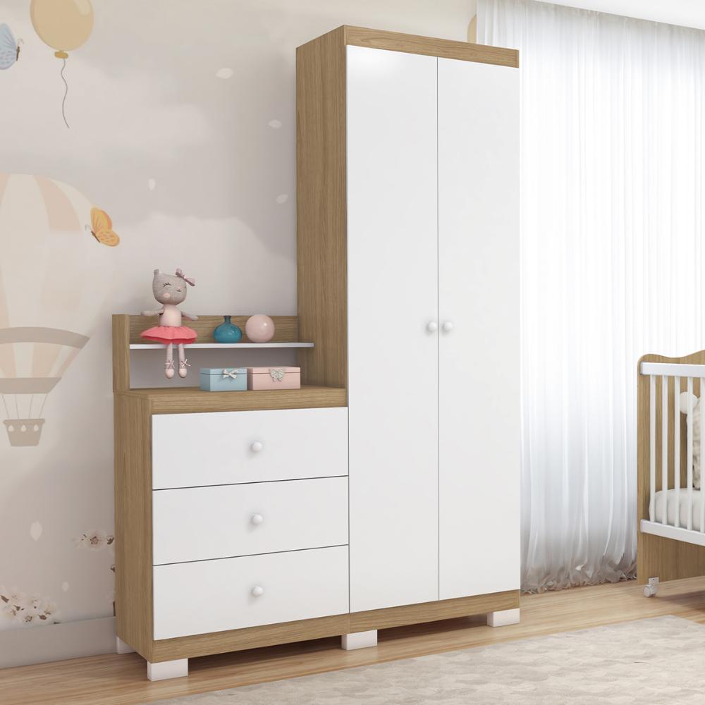 Guarda Roupa com comoda Infantil Vicky 2 Portas e 3 Gavetas Naturale/Branco