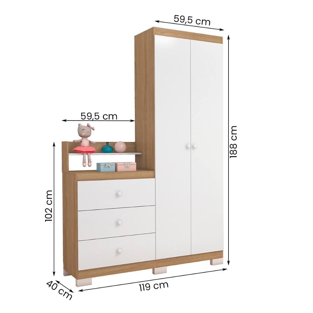 Guarda Roupa com comoda Infantil Vicky 2 Portas e 3 Gavetas Naturale/Branco