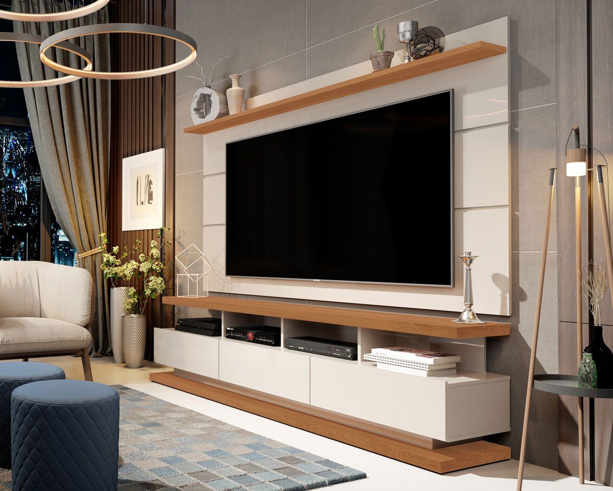 Rack com Painel Vivare Off White com Freijó - Germai Móveis