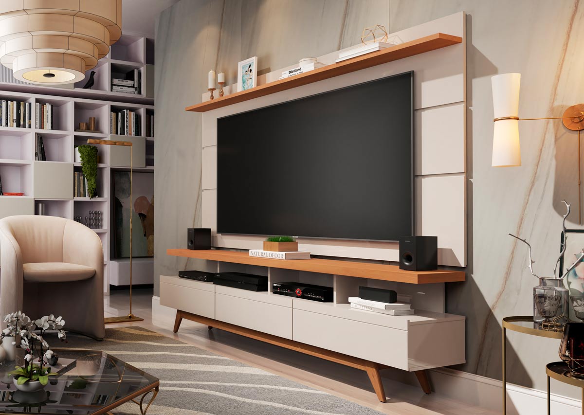 Rack com Painel Vivare Wood 1.8 Off White com Nature - Germai Móveis
