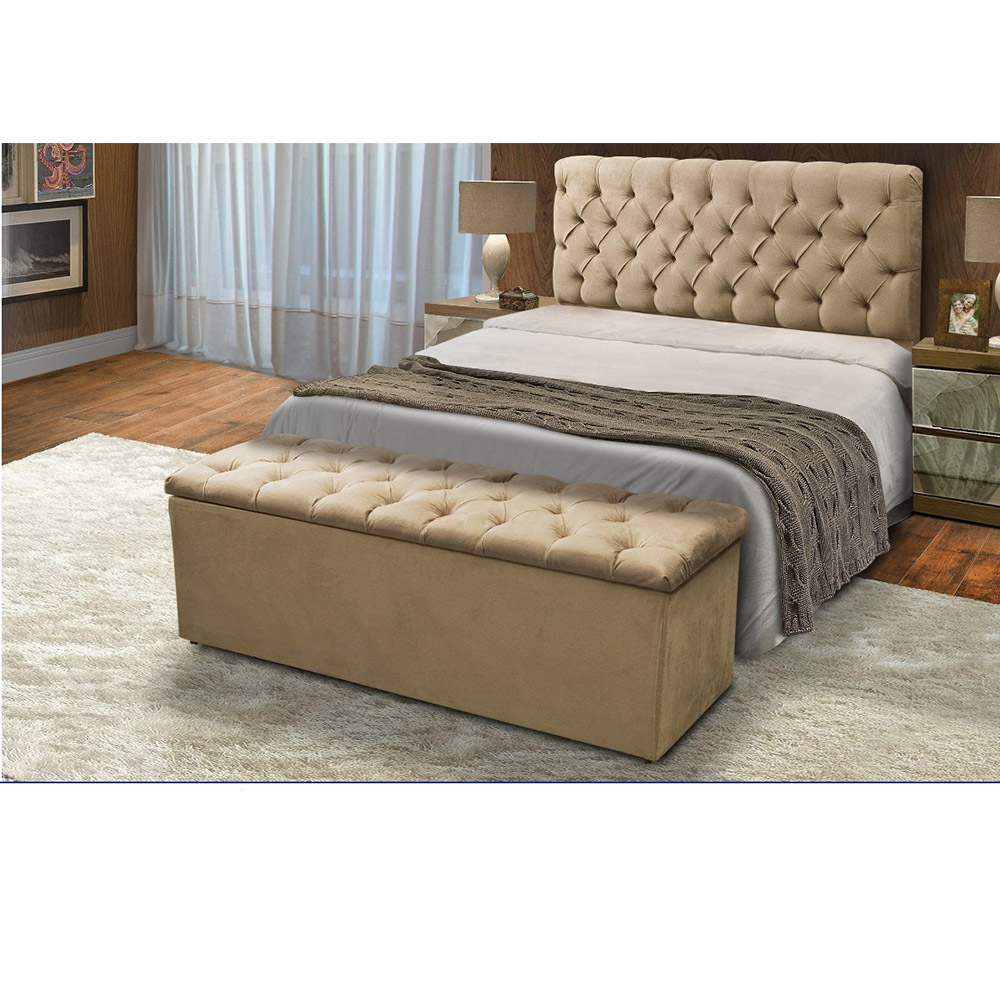 Cabeceira com Calçadeira Baú Casal Queen 160cm Para Cama Box Sofia Suede Bege - DS Móveis 