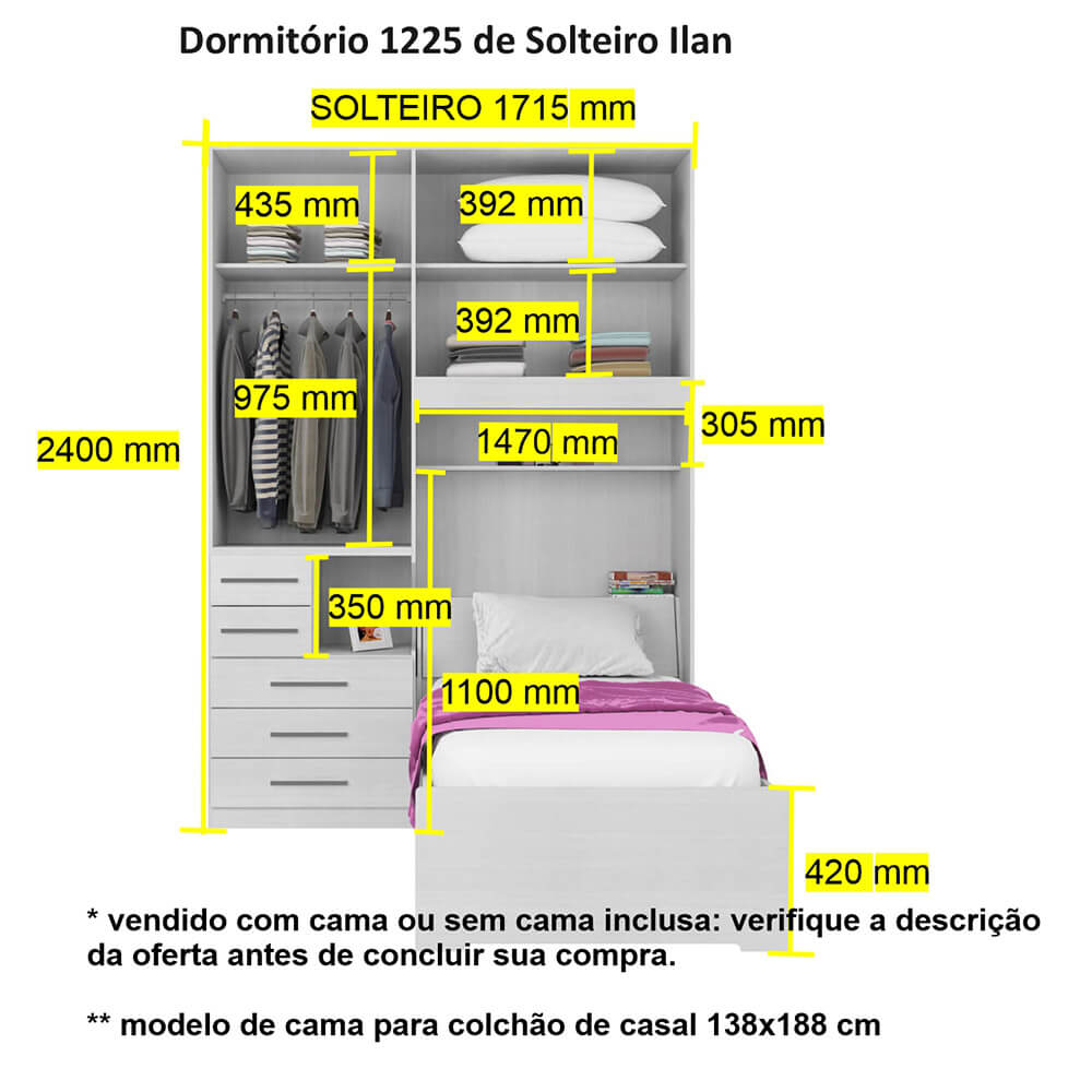Dormitório De Solteiro 1225 Completo Direito Carvalho Claro