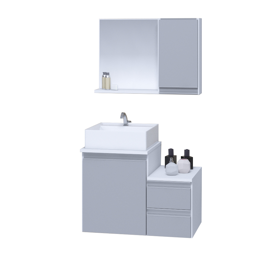 Conjunto Gabinete Banheiro CROSS 60 Branco / Cinza