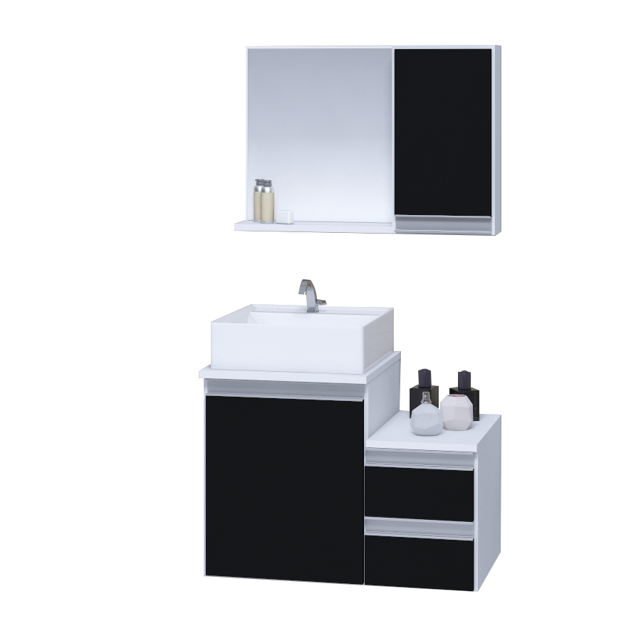 Conjunto Gabinete Banheiro CROSS 60 Branco / Preto