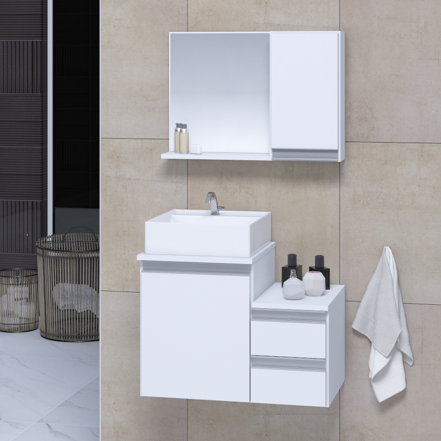 Conjunto Gabinete Banheiro CROSS 60 Branco Inteiro