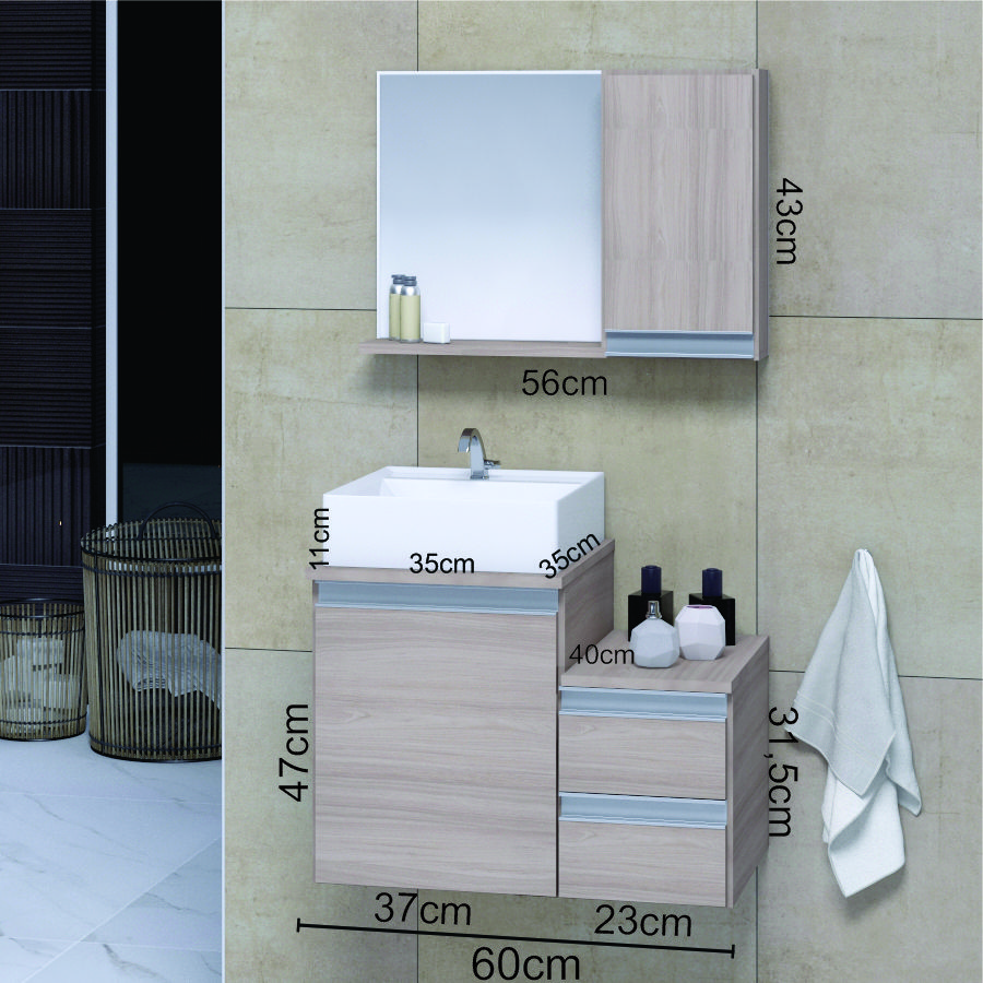 Conjunto Gabinete Banheiro CROSS 60 Madeirado Inteiro