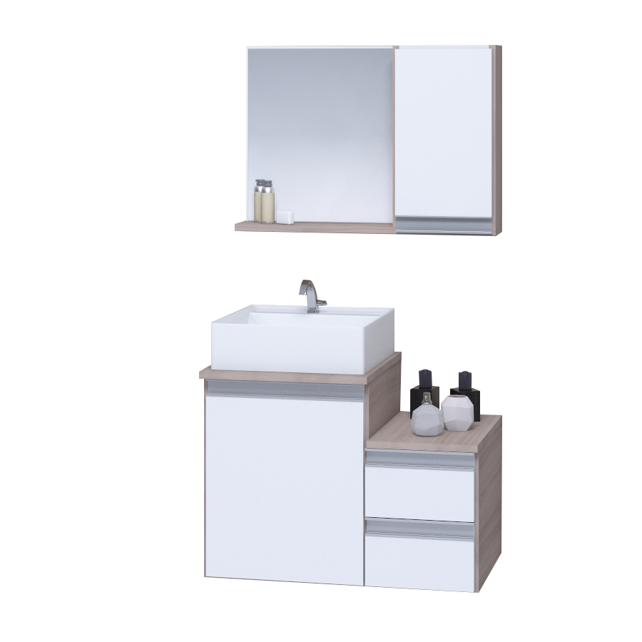 Conjunto Gabinete Banheiro CROSS 60 Madeirado/Branco