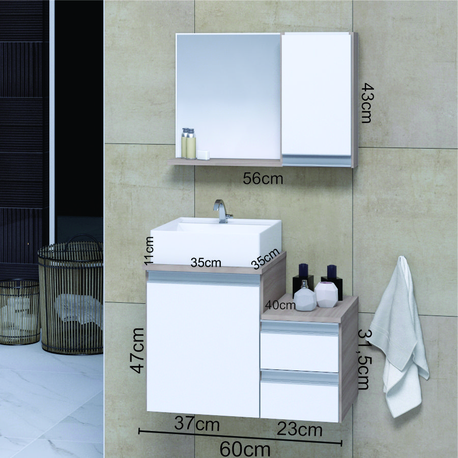 Conjunto Gabinete Banheiro CROSS 60 Madeirado/Branco