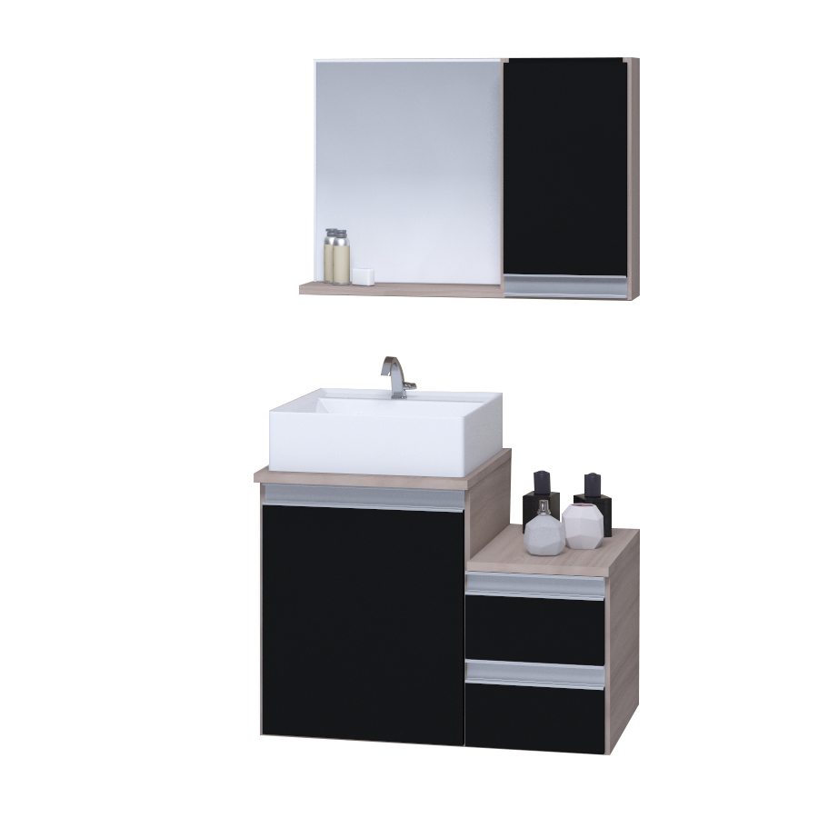 Conjunto Gabinete Banheiro CROSS 60 Madeirado/Preto