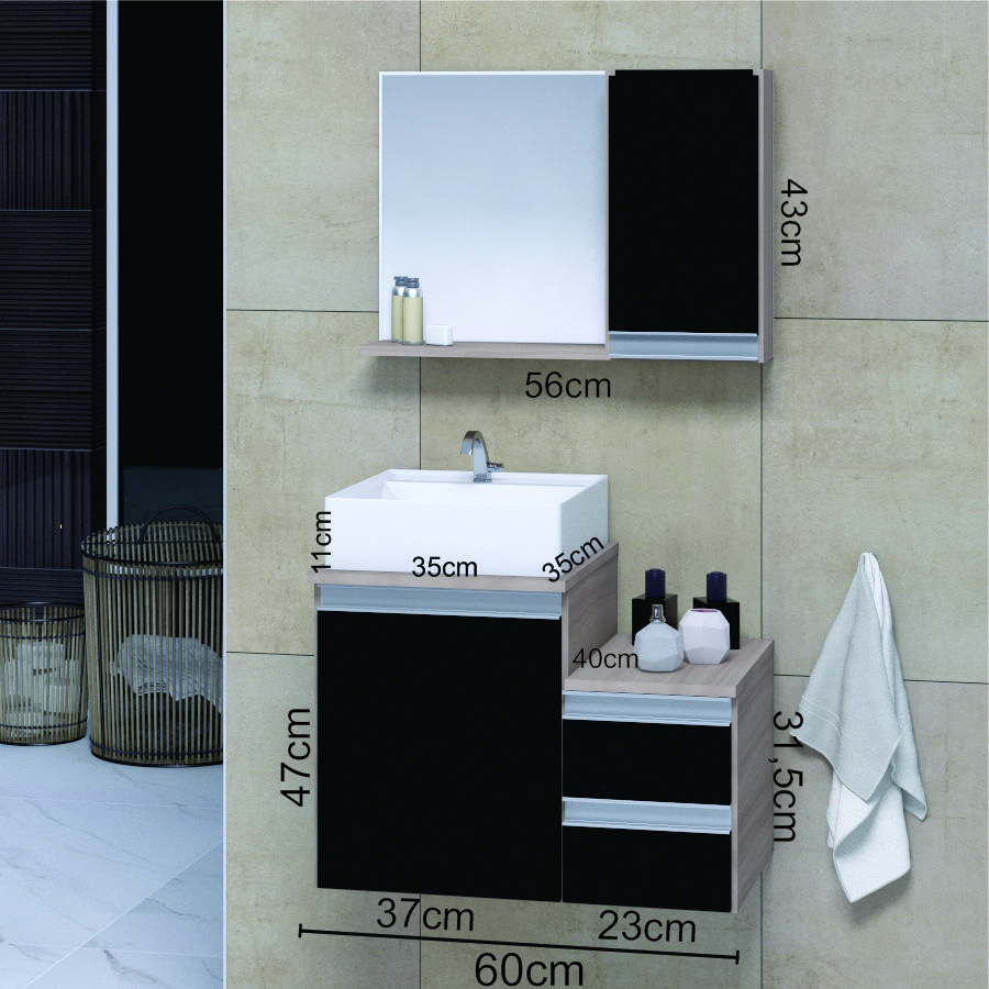 Conjunto Gabinete Banheiro CROSS 60 Madeirado/Preto