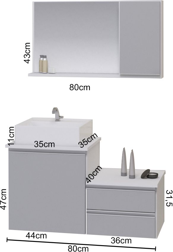 Conjunto Gabinete Banheiro CROSS 80 Branco / Cinza