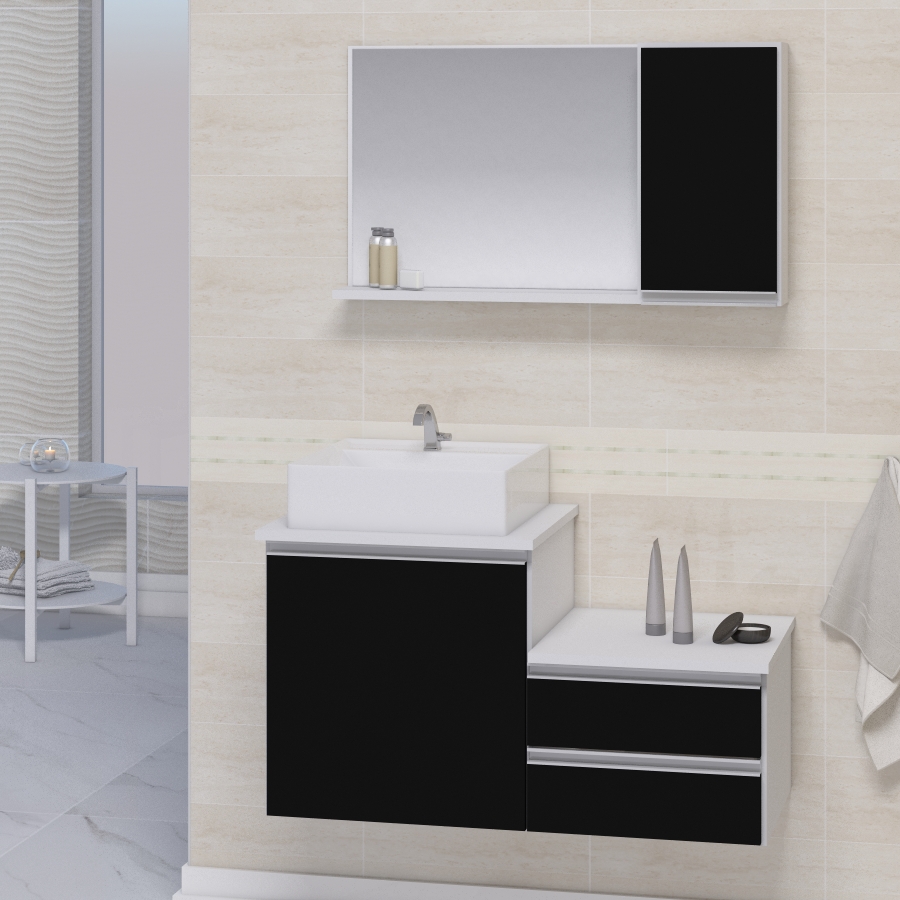 Conjunto Gabinete Banheiro CROSS 80 Branco / Preto