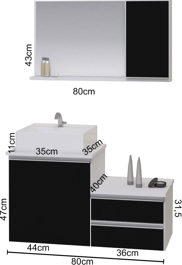Conjunto Gabinete Banheiro CROSS 80 Branco / Preto