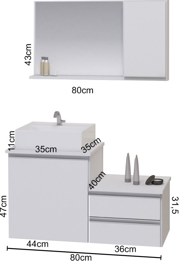 Conjunto Gabinete Banheiro CROSS 80 Branco Inteiro