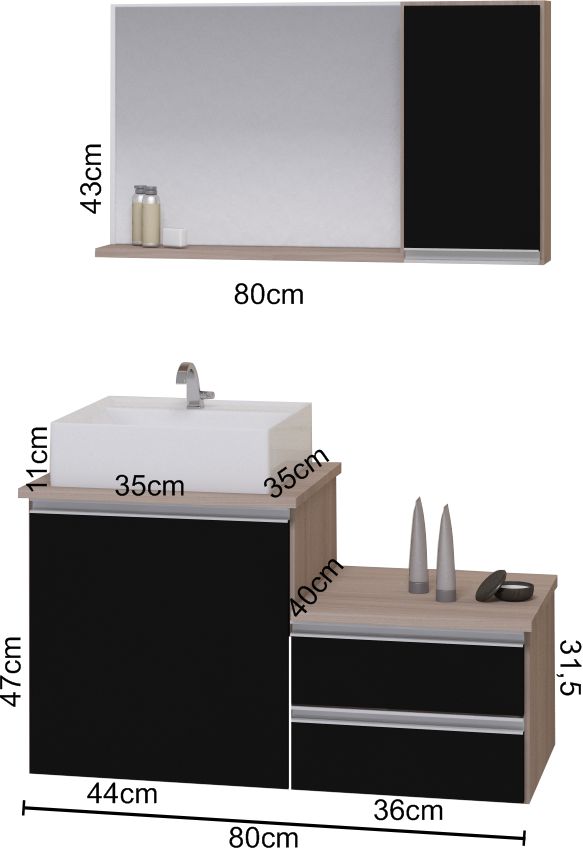 Conjunto Gabinete Banheiro CROSS 80 Madeirado / Preto
