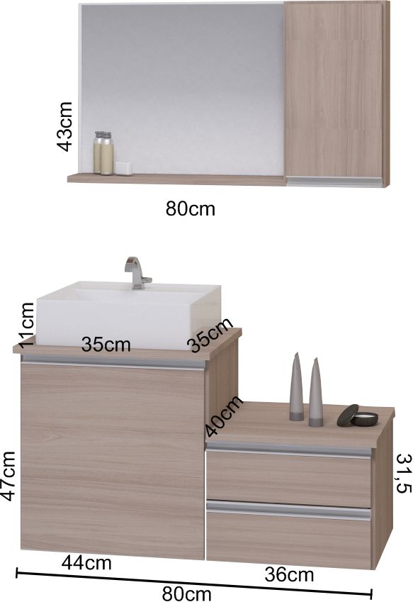 Conjunto Gabinete Banheiro CROSS 80 Madeirado Inteiro