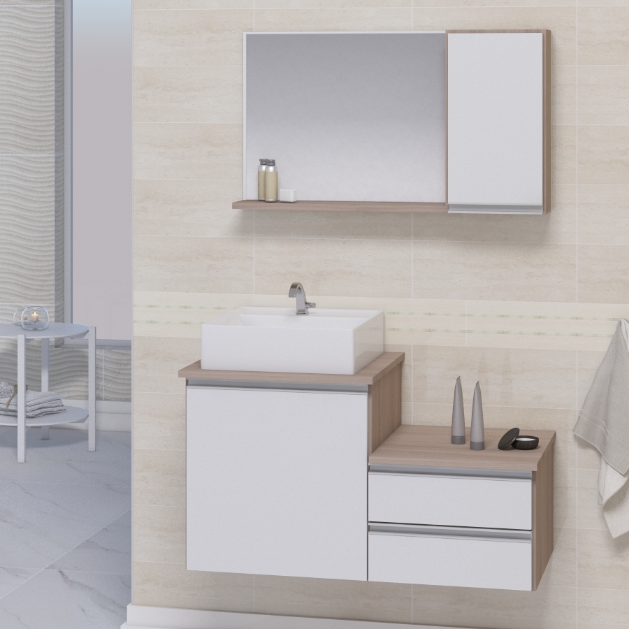 Conjunto Gabinete Banheiro CROSS 80 Madeirado/Branco