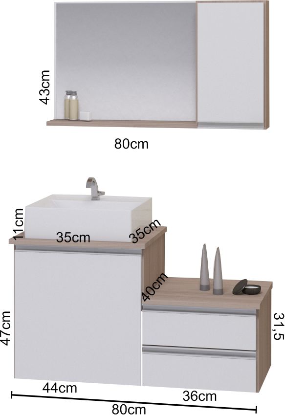 Conjunto Gabinete Banheiro CROSS 80 Madeirado/Branco