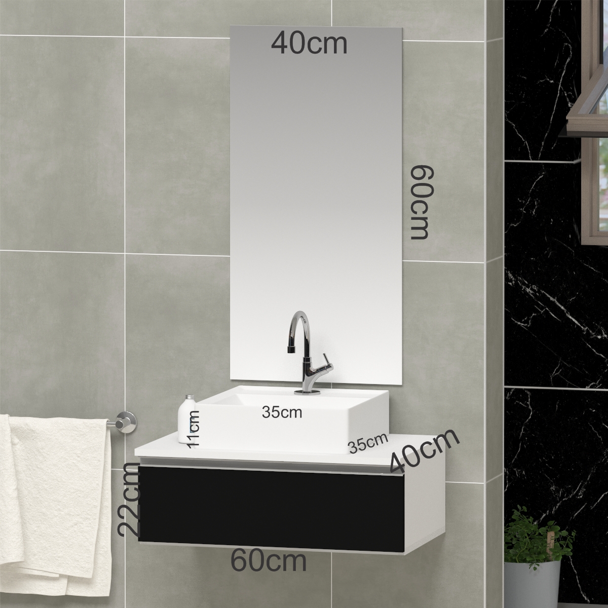 Conjunto Gabinete Banheiro JOY 60 Branco / Preto