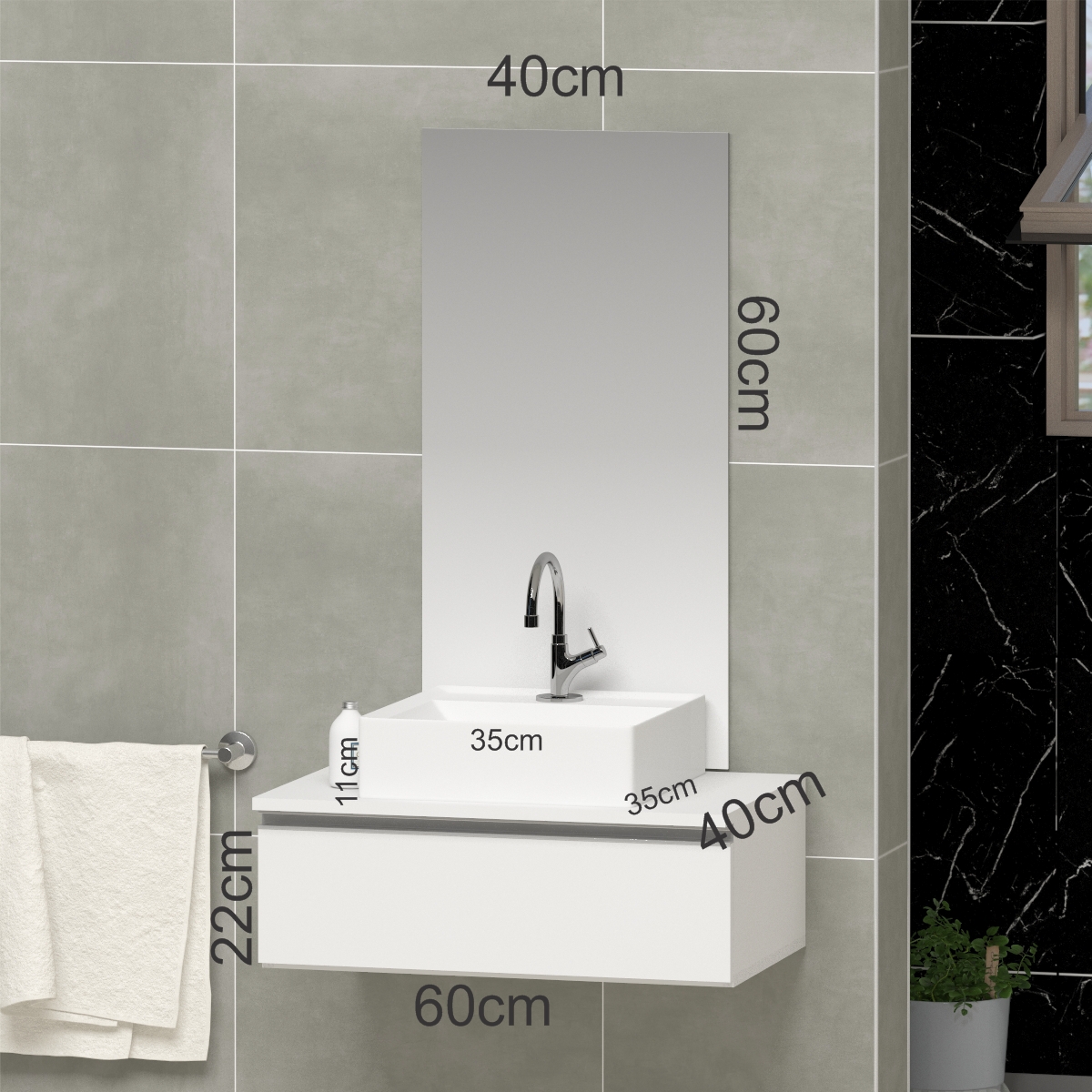 Conjunto Gabinete Banheiro JOY 60 Branco Inteiro