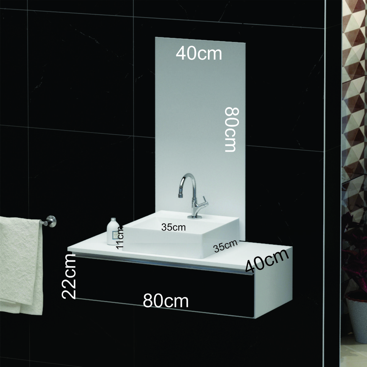 Conjunto Gabinete Banheiro JOY 80 Branco / Preto