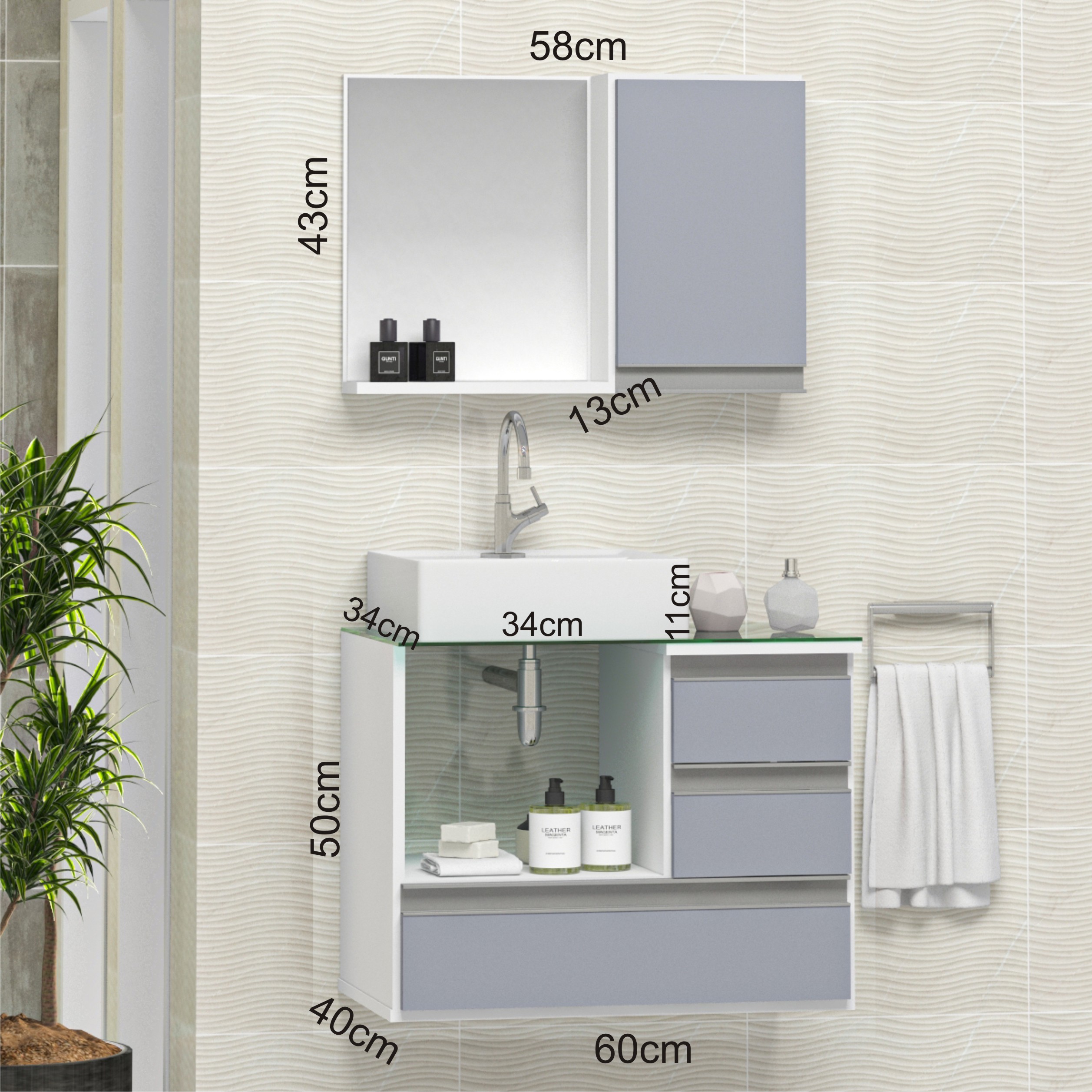 Conjunto Gabinete Banheiro POLO 60 Branco / Cinza