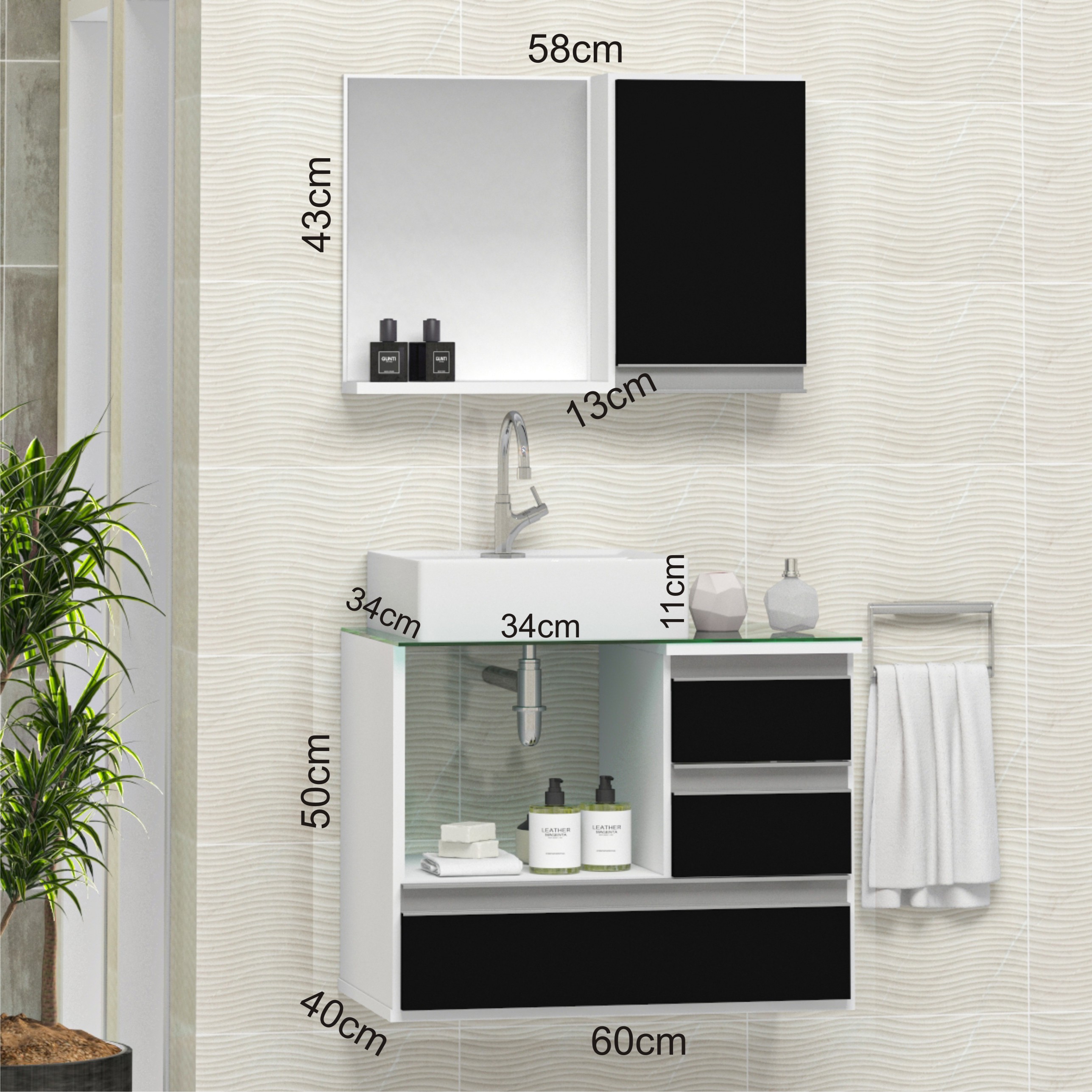 Conjunto Gabinete Banheiro POLO 60 Branco / Preto