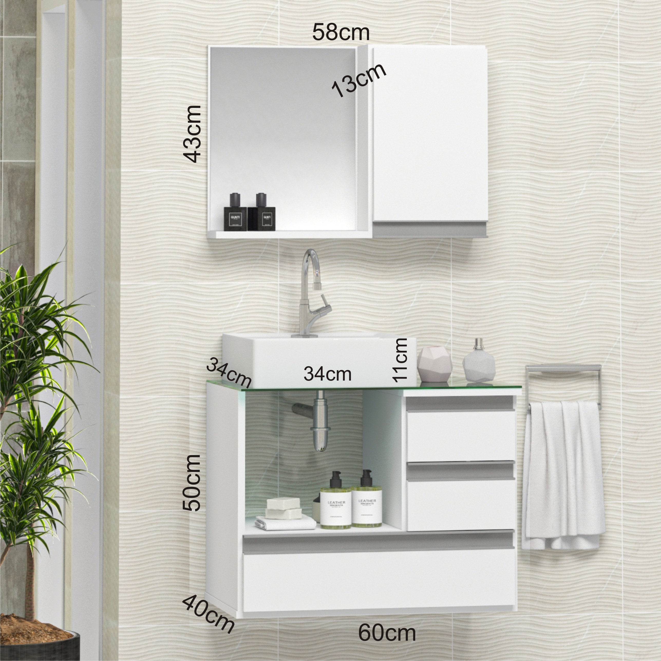 Conjunto Gabinete Banheiro POLO 60 Branco Inteiro