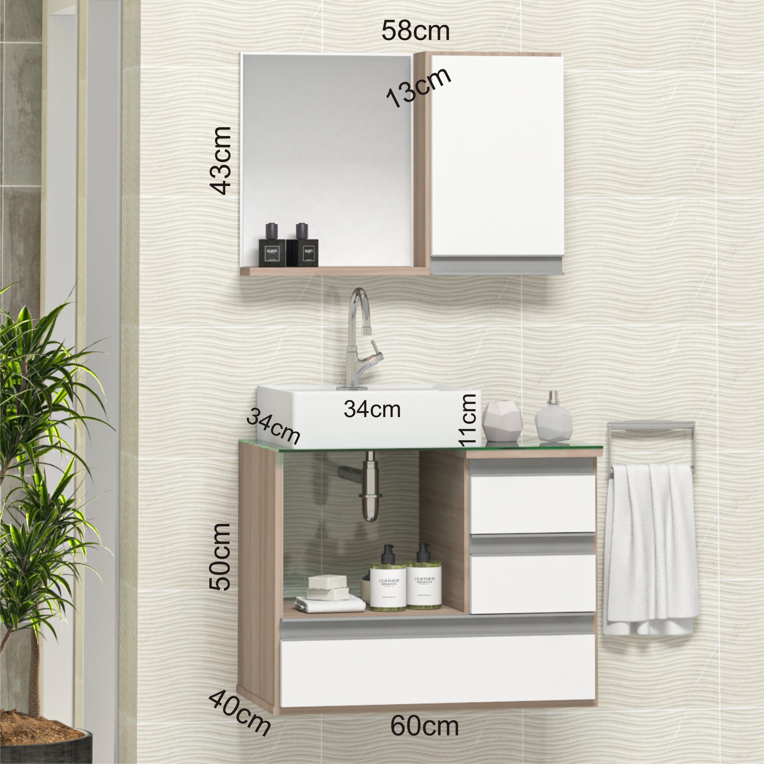 Conjunto Gabinete Banheiro POLO 60 Madeirado / Branco