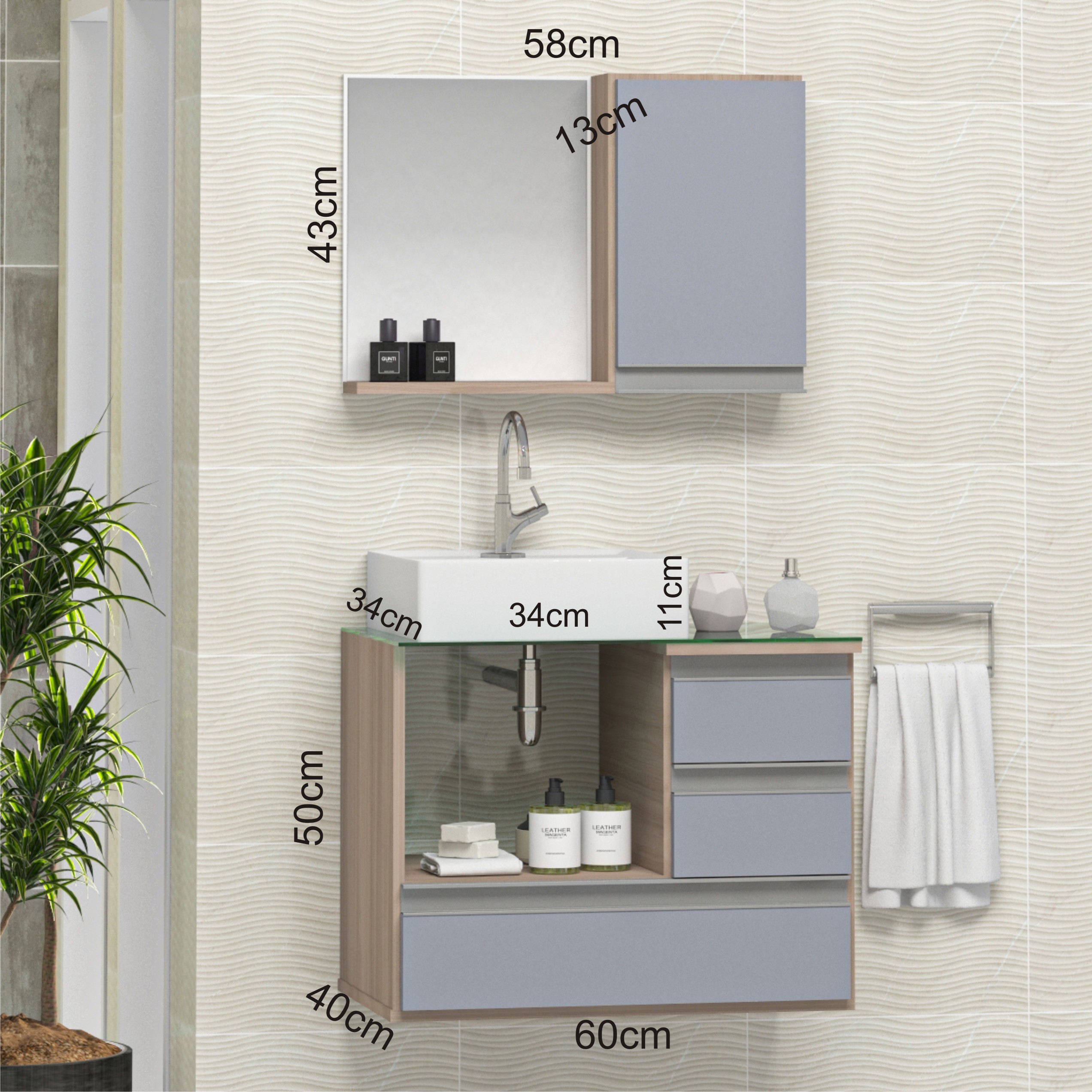 Conjunto Gabinete Banheiro POLO 60 Madeirado / Cinza