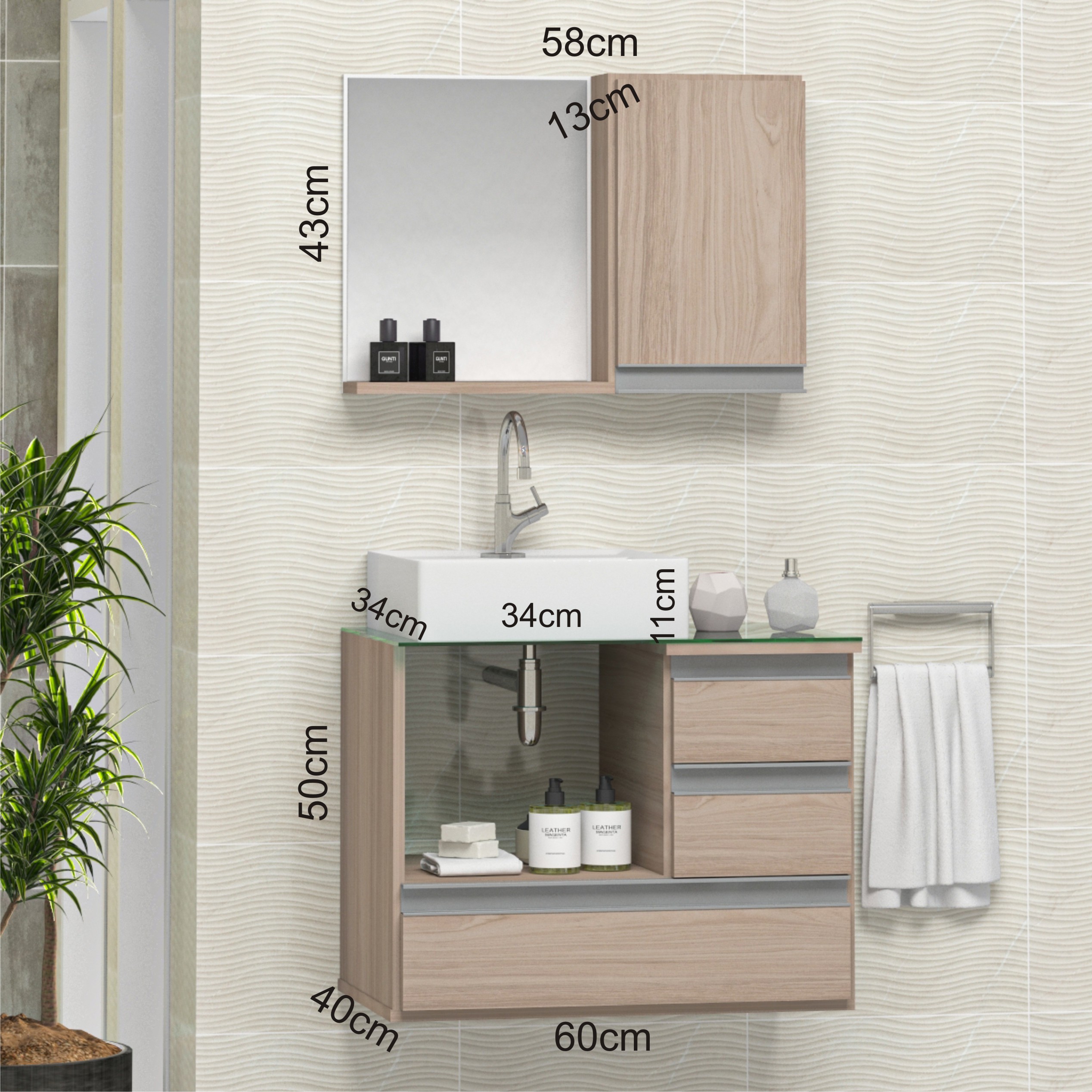 Conjunto Gabinete Banheiro POLO 60 Madeirado Inteiro