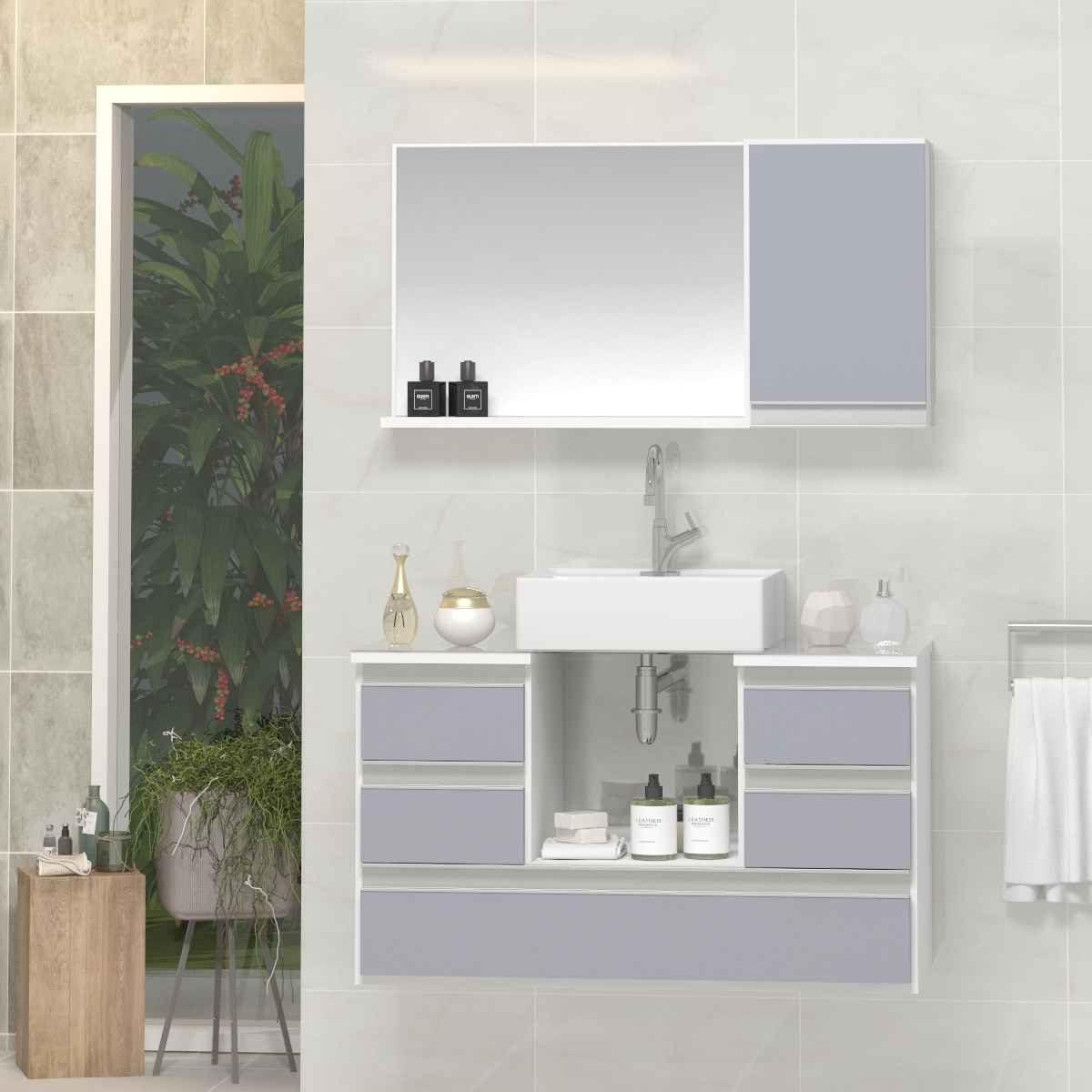 Conjunto Gabinete Banheiro POLO 80 Branco / Cinza
