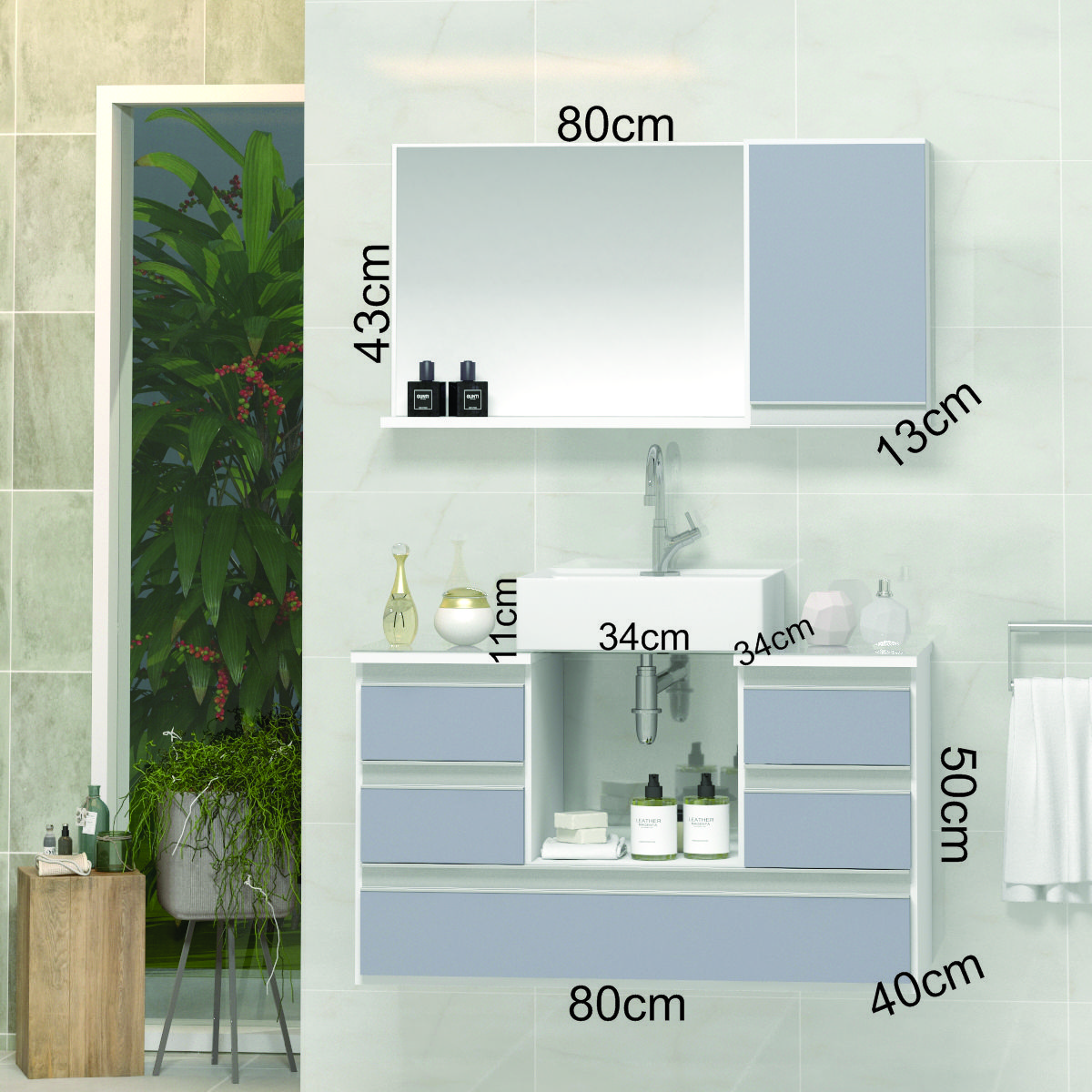 Conjunto Gabinete Banheiro POLO 80 Branco / Cinza