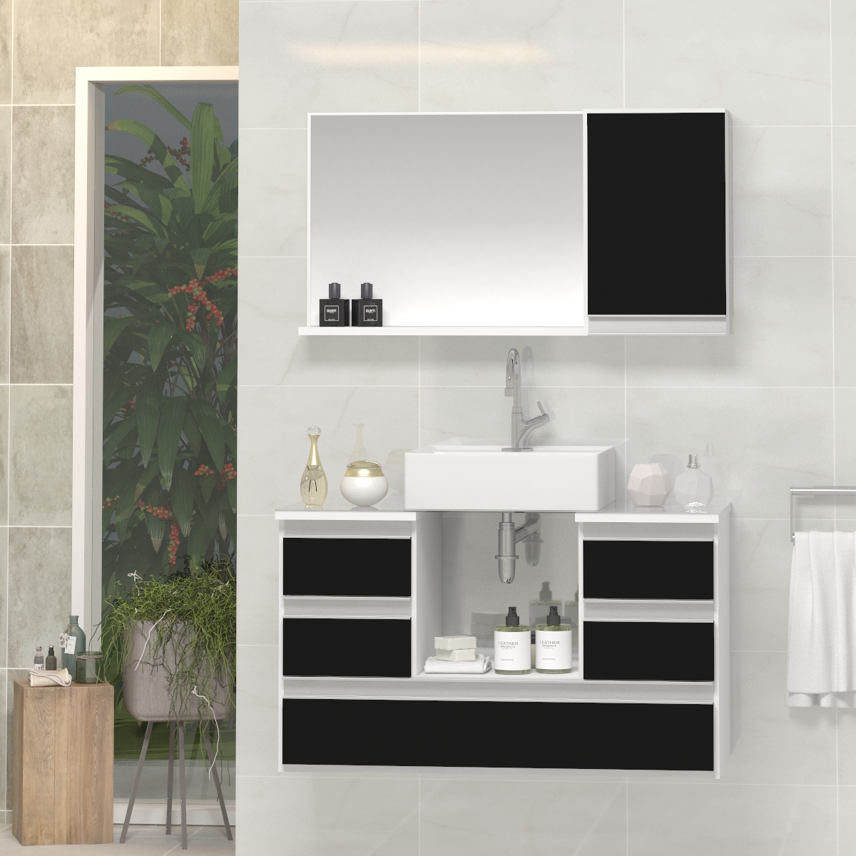 Conjunto Gabinete Banheiro POLO 80 Branco / Preto