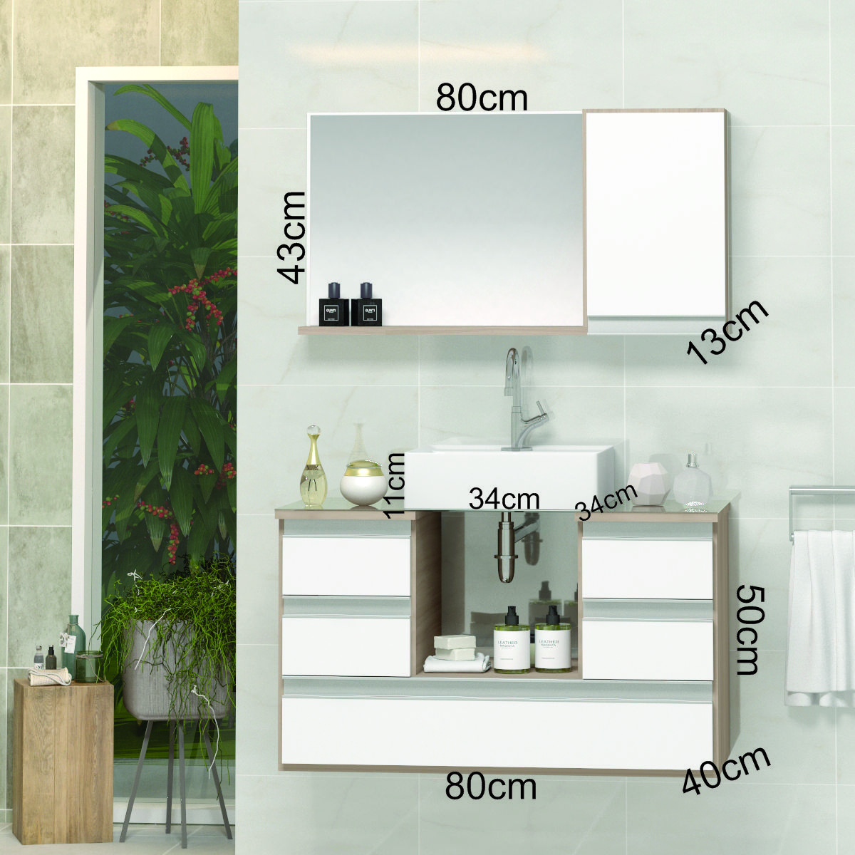Conjunto Gabinete Banheiro POLO 80 Madeirado / Branco