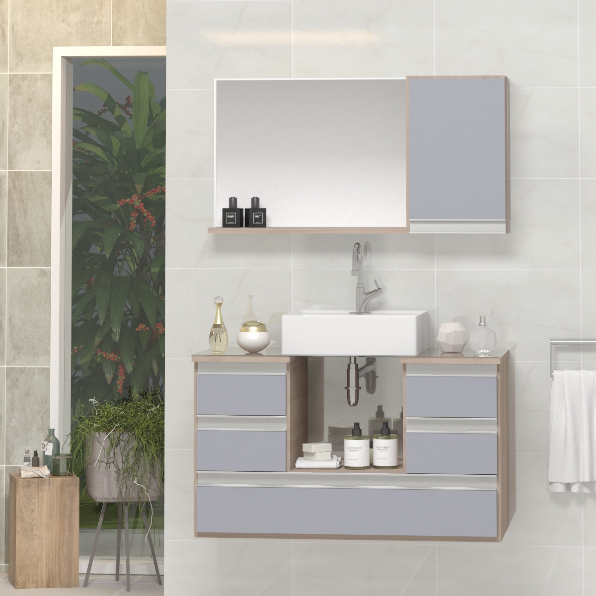 Conjunto Gabinete Banheiro POLO 80 Madeirado / Cinza
