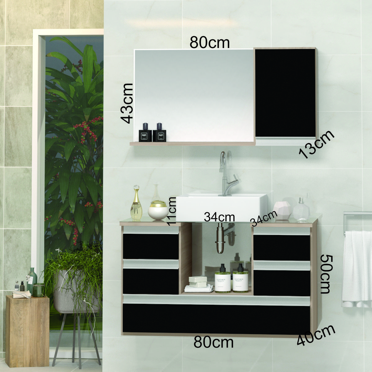 Conjunto Gabinete Banheiro POLO 80 Madeirado / Preto