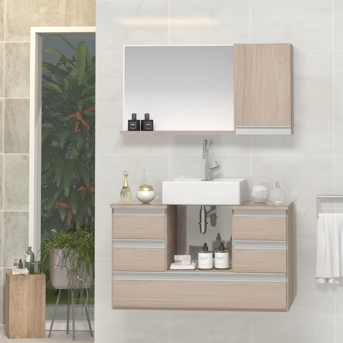 Conjunto Gabinete Banheiro POLO 80 Madeirado Inteiro
