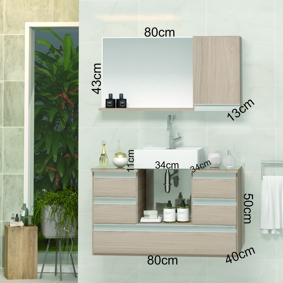 Conjunto Gabinete Banheiro POLO 80 Madeirado Inteiro