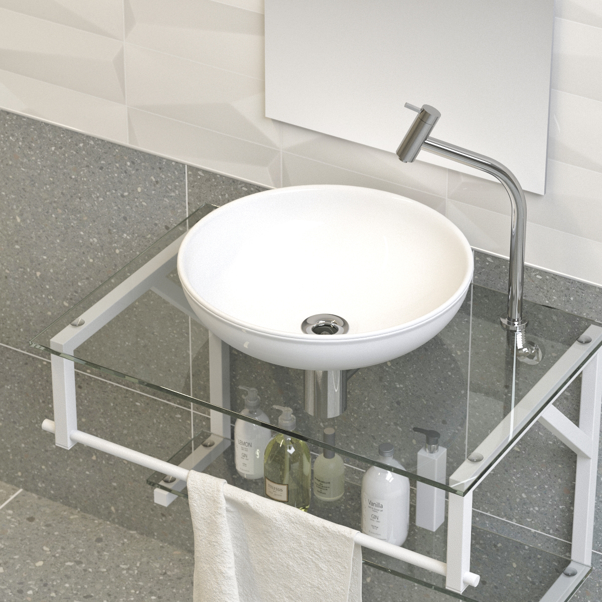 Conjunto Gabinete Banheiro Vidro Glass 60cm Branco + Cuba Branca