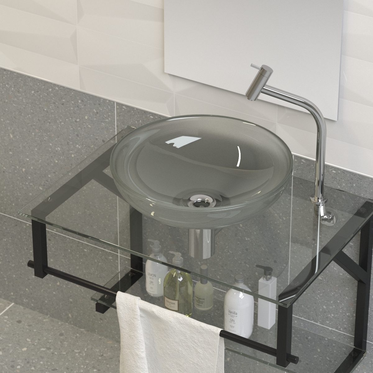 Conjunto Gabinete Banheiro Vidro Glass 80cm Preto + Cuba Incolor
