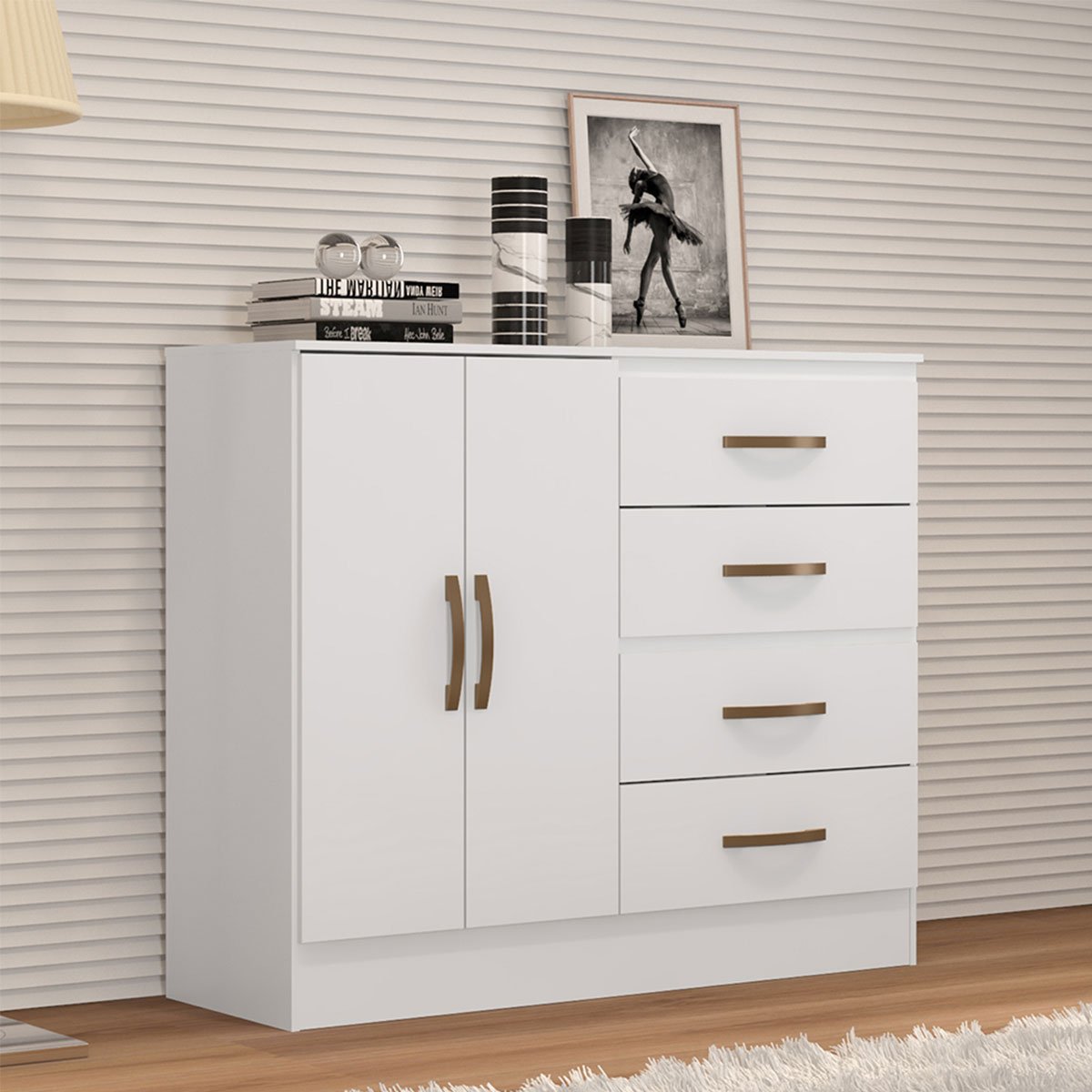 Cômoda Sapateira para Quarto 2 Portas 4 Gavetas Lisa Branco